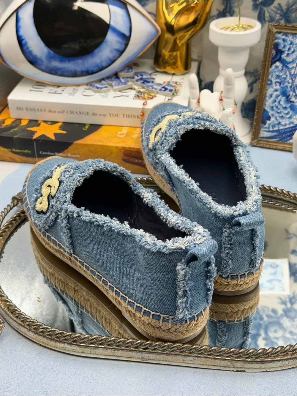 🆕 MARC JACOBS 🧿 NWOB The Marc Frayed Embroidered Logo Espadrille, Denim - Sz 7
